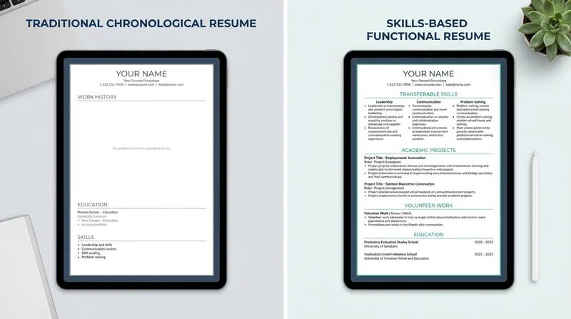A side-by-side comparison of a sparse traditional chronological resume with an empty work history versus a balanced, skills-based functional resume highlighting transferable skills, volunteer work, and academic projects for a candidate with no work experience.