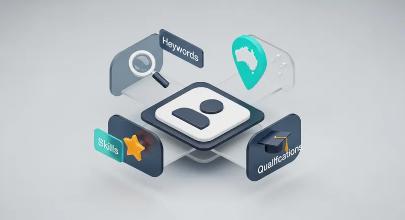 A 3D isometric infographic of a digital recruiter's search interface featuring a professional profile silhouette surrounded by floating icons for keywords, skills, qualifications, and an Australian map pin.