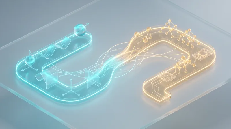 3D isometric illustration of glowing multivariable math vector fields merging with AI neural network pathways, representing advanced college STEM tutoring.