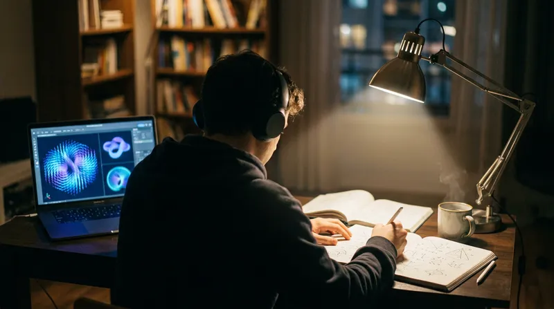 College STEM student using an AI math tutor on a laptop displaying interactive 3D vector fields while studying late at night.