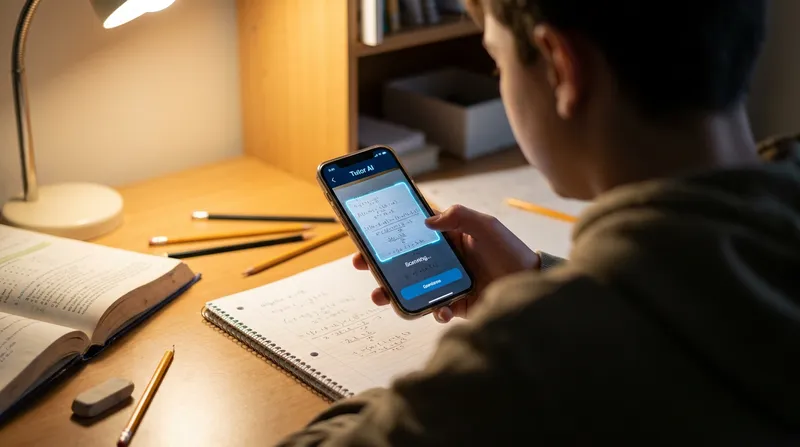 A middle school student uses the Tutor AI app on a smartphone to scan a handwritten algebra equation in their math notebook.