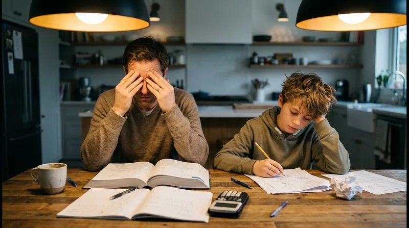 A frustrated parent helps their middle school child with difficult math homework at a dining table, illustrating common middle school homework struggles.