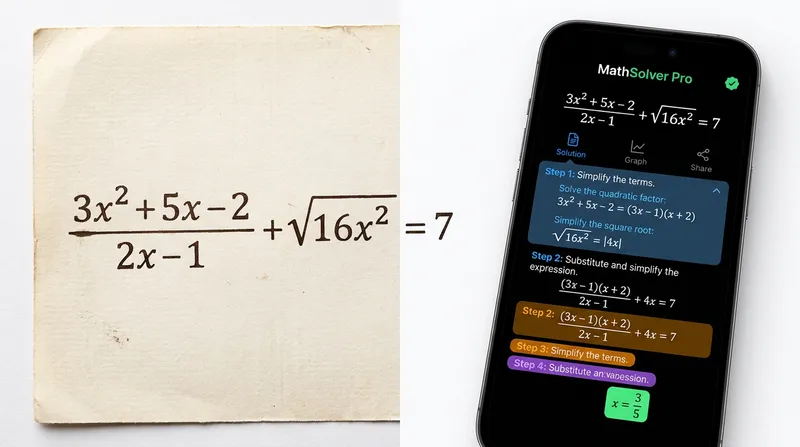 A smartphone screen displaying a free math solver app with fully unlocked step-by-step solutions next to a handwritten algebra equation.