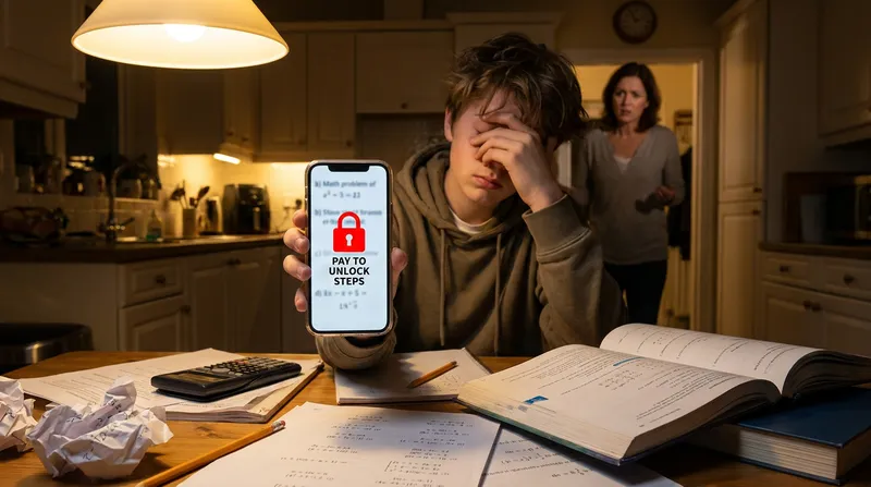 A frustrated middle school student holds up a smartphone showing a math-solving app with a "Pay to Unlock Steps" prompt and a red padlock icon. Scattered homework sits on a kitchen table under warm light, while a concerned parent watches from the background.