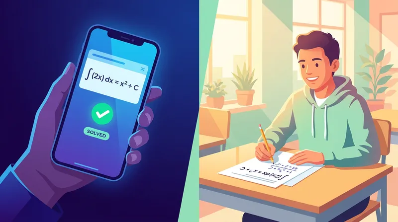 Split-screen illustration contrasting a smartphone displaying a math-solver app on the left with a confident student writing a math exam in a sunny classroom on the right.
