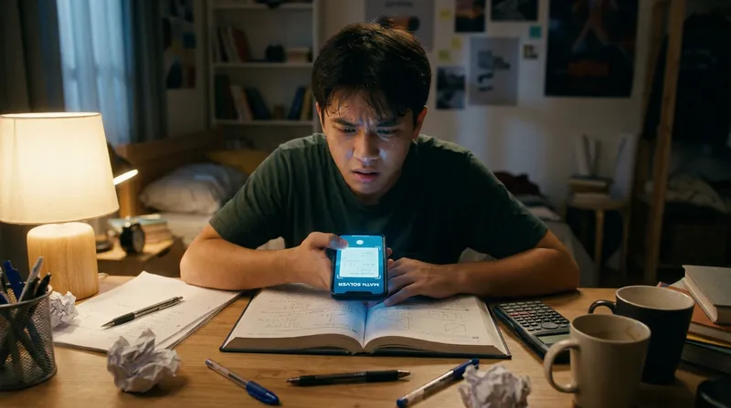 A stressed high school student studying late at night uses a smartphone math-solving app to scan a complex textbook equation on a cluttered desk.