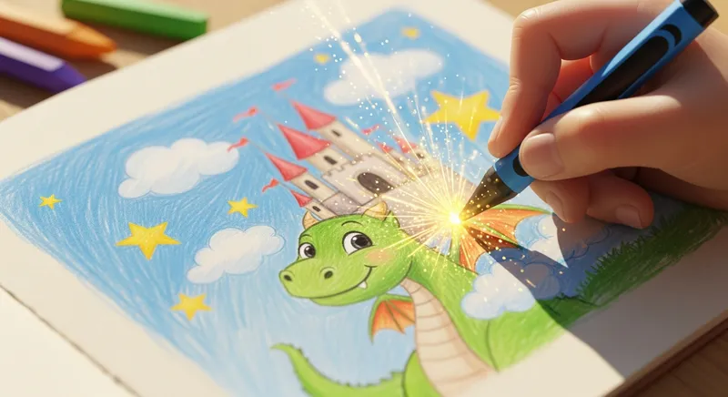 A close-up of a child's hand sketching a friendly dragon and floating castle with a magical, glowing crayon that emits shimmering stardust.