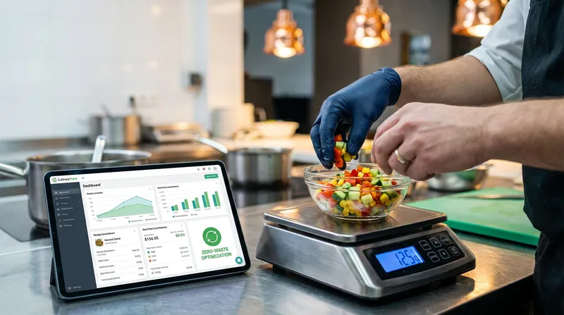 A chef measuring ingredients on a digital scale next to a tablet displaying the Lazygrid POS inventory management and recipe costing dashboard.