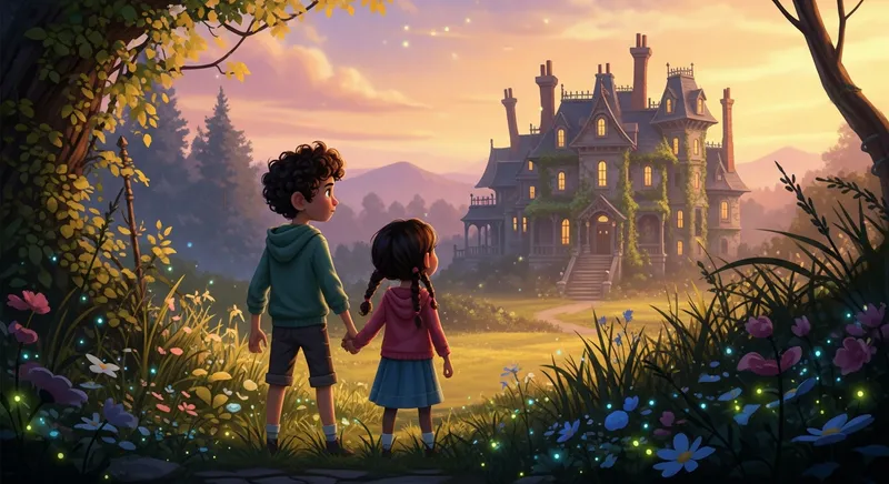 Vibrant digital painting of two diverse children holding hands in a wild garden, gazing toward the mysterious Whispering Manor at sunset in a modern animated movie style.