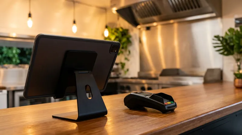 iPad POS terminal and black handheld EFTPOS card reader on a wooden counter inside a New Zealand food truck.
