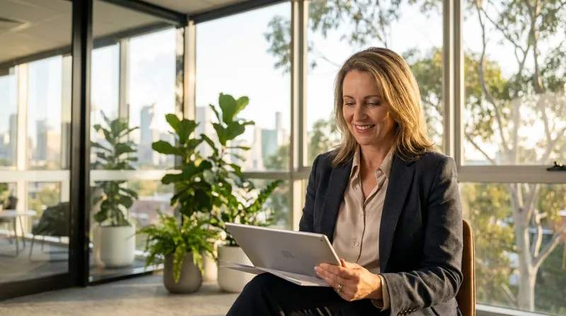 A professional woman in a modern Australian office thoughtfully reviewing an Expression of Interest (EOI) job application on a tablet.