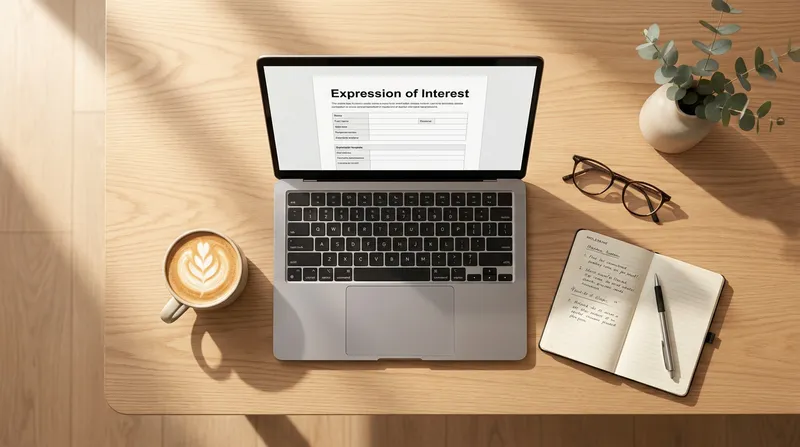 A laptop displaying an Expression of Interest (EOI) document on a modern wooden desk with a coffee cup, notebook, and eucalyptus.