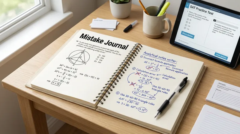 Organized student desk with an open "Mistake Journal" showing a handwritten SAT math problem with detailed error analysis, alongside a tablet displaying a digital SAT practice question, emphasizing effective study.