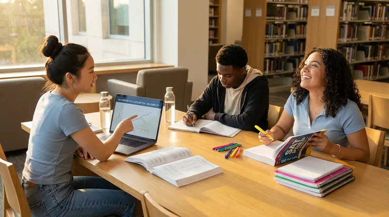Three diverse high school students (East Asian, African American, Hispanic) intensely yet joyfully collaborate on SAT preparation around a well-organized wooden table. One student interacts with a laptop displaying an SAT practice test, another diligently writes notes, and the third smiles with understanding, all bathed in warm natural light, symbolizing successful, collaborative study.