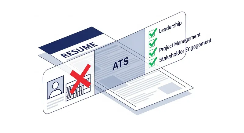 Minimalist vector illustration of a modern Australian resume passing through a digital ATS filter, highlighting compliant keywords like Leadership and Project Management with green checkmarks while flagging non-compliant elements like profile photos and multi-column tables with red crosses.