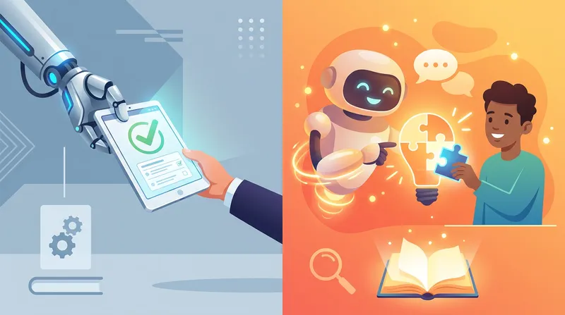 A split-screen illustration comparing AI homework help. On the left, a cold robotic arm hands over a completed worksheet representing passive "Answer Bots." On the right, a friendly robot guides a student in completing a lightbulb puzzle, representing active "Socratic AI" learning.