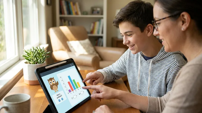 A parent and teenager smiling while using an interactive AI tutoring app on a tablet for math homework help at a study desk.
