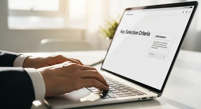 Close-up of hands typing on a laptop displaying a modern Australian resume template in a bright, minimalist home office.