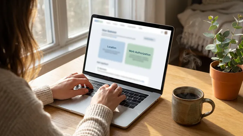 An over-the-shoulder view of a person typing on a laptop with a LinkedIn profile on screen, next to a steaming coffee mug and a potted Eucalyptus plant on a sunlit wooden desk.