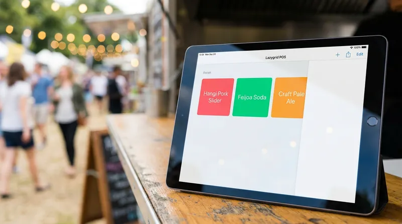 An iPad displaying a POS app on a food truck's wooden counter at a New Zealand outdoor festival.