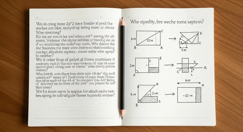 Top-down view of an open spiral notebook on a wooden desk, showing a complex handwritten math word problem on the left page being simplified into a clear, hand-drawn geometric diagram on the right.