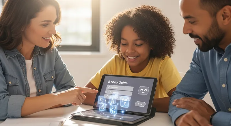 A diverse middle-school student, teacher, and parent collaborating around a tablet displaying a 5-step math word problem guide and a friendly AI interface in a bright, modern learning environment.