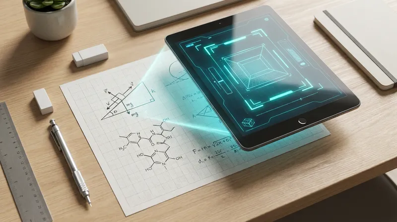 Digital tablet using an AI picture solver to scan and solve hand-drawn math, physics, and chemistry problems on graph paper.