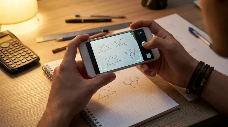 Student using a smartphone to scan handwritten math, physics, and chemistry homework with an AI solver app.