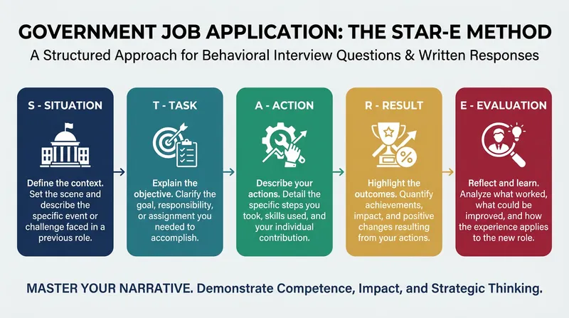 JobSparrow infographic showing the STAR-E method breakdown (Situation, Task, Action, Result, Evaluation) for writing Australian government job selection criteria responses.