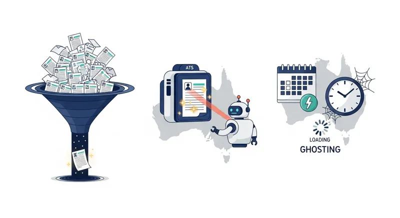 A three-part infographic illustrating the job application "black hole" in Australia and New Zealand, featuring a resume funnel, an ATS robot scanning for keywords, and a clock with cobwebs symbolizing long wait times and ghosting.