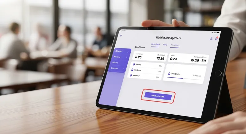 A tablet displaying a modern waitlist management interface with a digital queue and SMS notification button, set in a stylish New Zealand cafe.