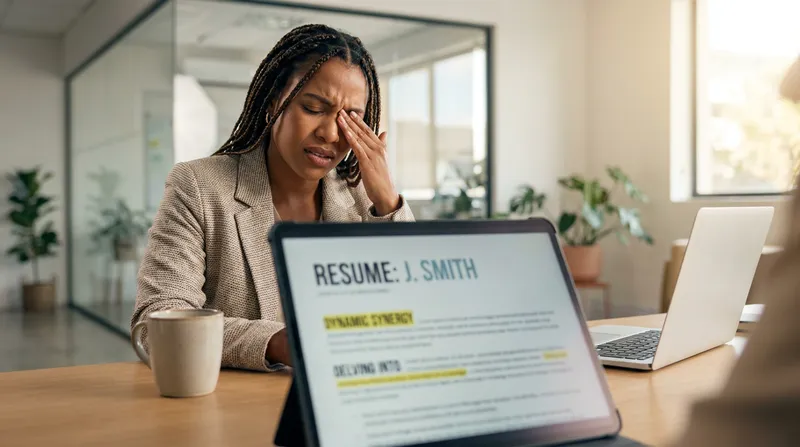 A frustrated hiring manager reviewing a digital resume filled with cliché AI buzzwords on a tablet, illustrating the risk of robotic resume writing.