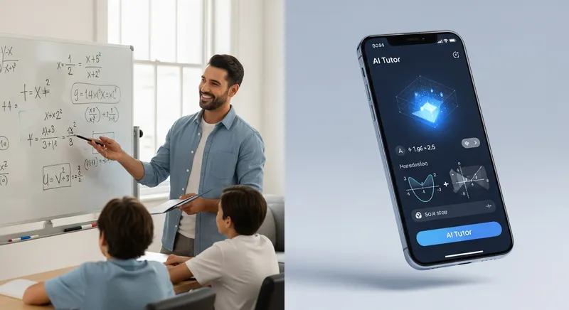 A split-screen comparison showing a professional human math tutor teaching a student at a whiteboard on the left, and a futuristic AI tutoring interface on a smartphone displaying interactive 3D graphs on the right.