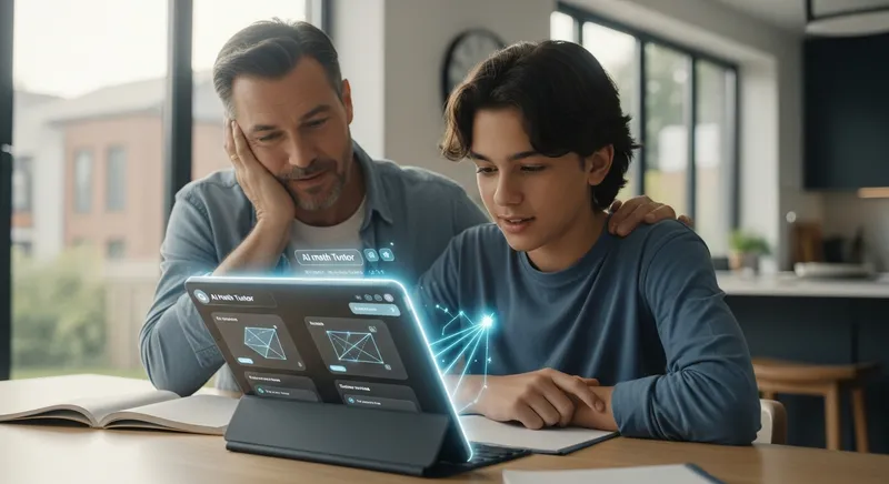 A supportive parent and focused high school student use an advanced AI math tutoring interface on a sleek tablet at a modern kitchen table, illustrating effective and safe home learning in 2026.