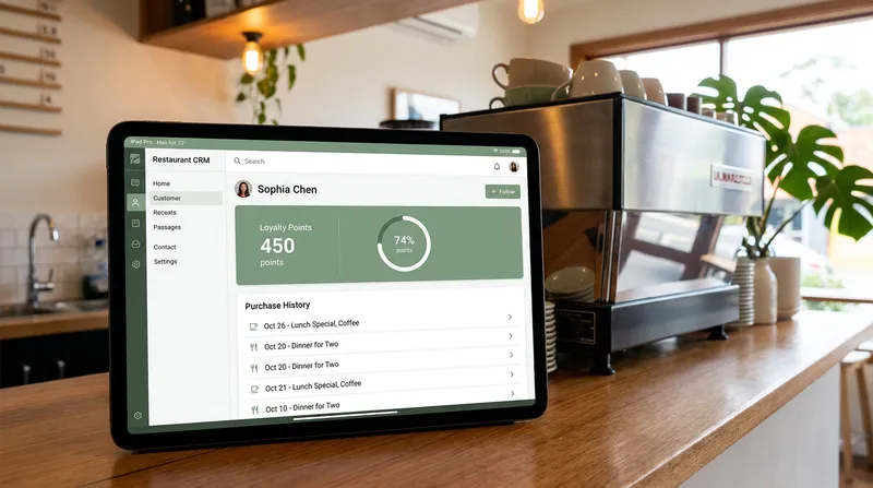 Lazygrid POS customer management dashboard showing loyalty points and visit history on an iPad.