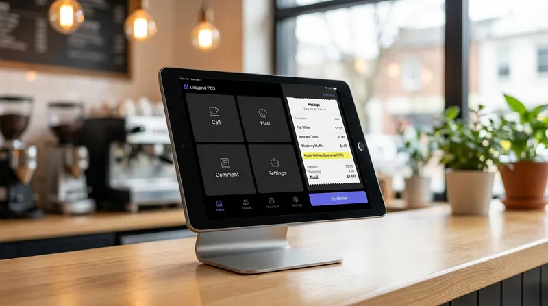 An iPad displaying the Lazygrid POS system on a wooden cafe counter, showing a 15% Public Holiday Surcharge applied to a digital receipt.
