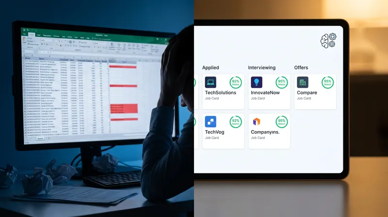 A side-by-side comparison of a chaotic, cluttered spreadsheet versus a clean, modern Kanban-style AI job tracker board with organized columns and glowing AI Match Score badges.
