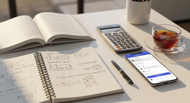A bright, meticulously organized student's desk perfectly set up for a productive physics study session, featuring an open notebook with hand-drawn physics diagrams and equations, an open textbook, a scientific calculator, and a smartphone prominently displaying the clean interface of the 'Tutor AI' app. A stylish pen and a cup of tea are bathed in warm golden-hour light, casting soft shadows, with a softly blurred modern background.