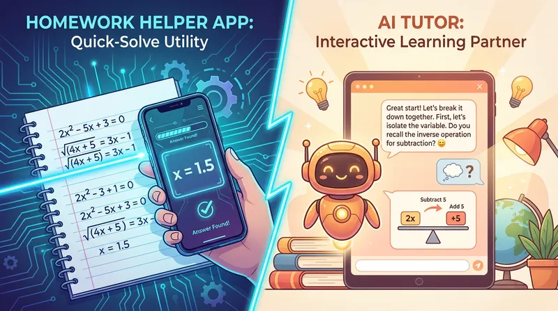 A split-screen illustration comparing a homework helper app scanning a math equation for an instant answer on the left, and an interactive AI tutor chatbot guiding a student step-by-step on the right.