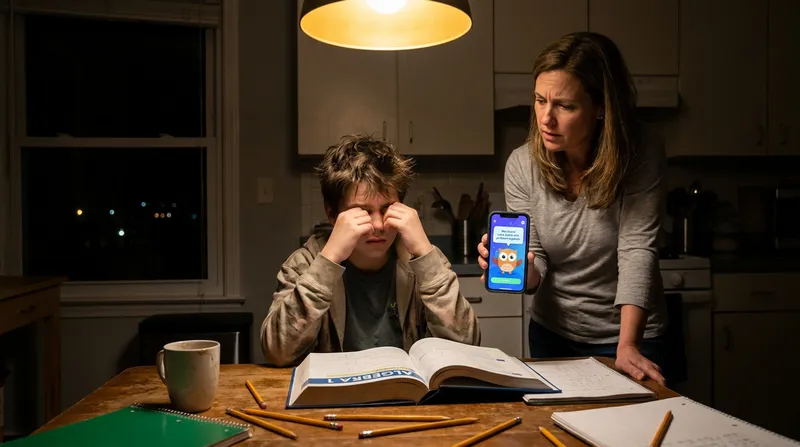 A supportive parent shows a glowing smartphone with an AI tutor homework helper app to a stressed middle-school student studying math at a kitchen table late at night.