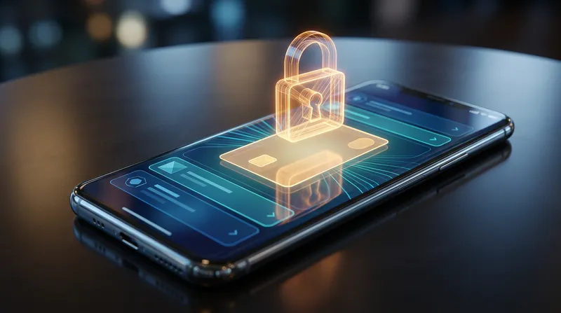 A smartphone displaying a repetitive job feed with a glowing amber holographic padlock floating above the screen, representing job opportunities locked behind the LinkedIn job algorithm.
