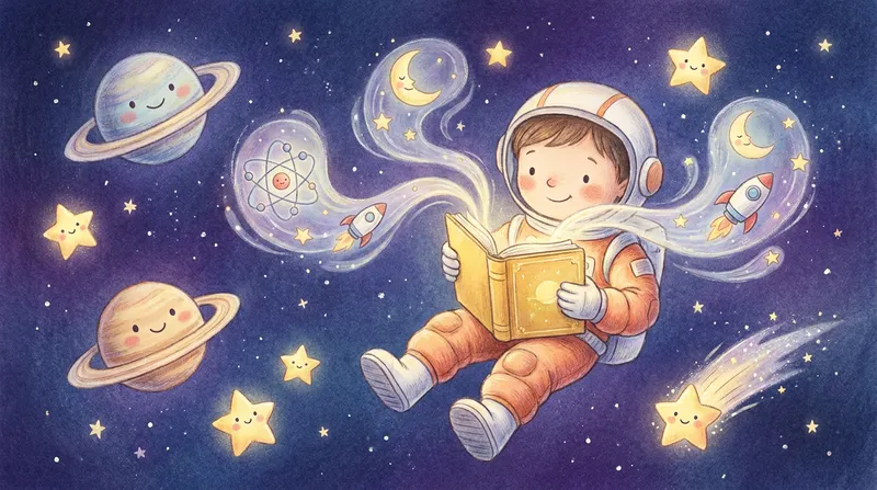 A whimsical illustration of a child astronaut reading a glowing storybook in space, representing science bedtime stories for kids.
