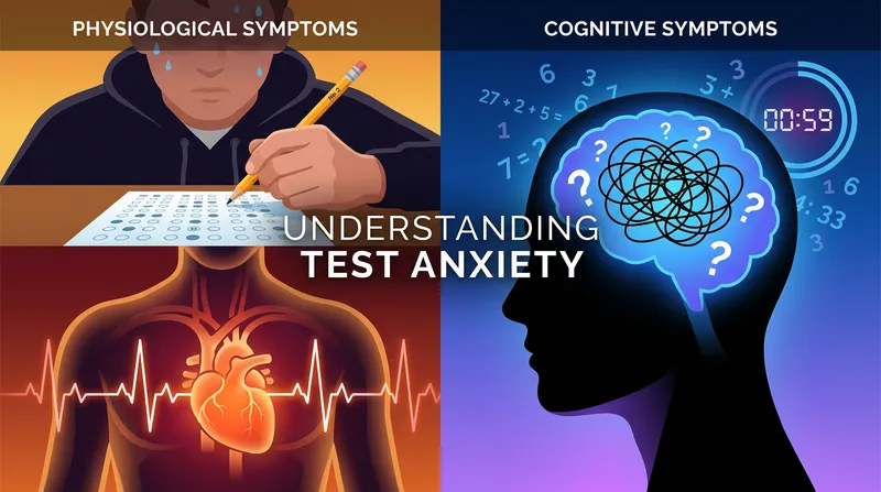 A student sitting at an exam desk looking overwhelmed, illustrating the physical and mental symptoms of test anxiety.