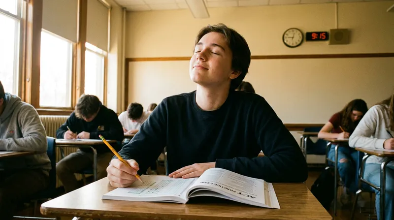 A calm high school student taking a mindful deep breath over a standardized test in a sunlit classroom.