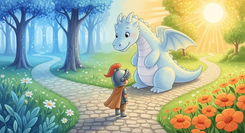 Whimsical watercolor illustration of a young child in a knight's helmet and a friendly dragon standing at a crossroads between a calm blue forest and a vibrant orange meadow, symbolizing the choice between different emotional responses.