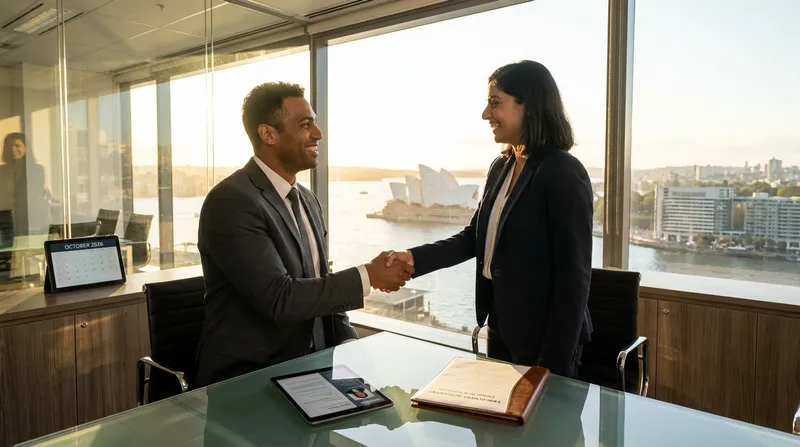 A female international candidate and an interviewer shake hands in a modern Sydney office overlooking the Sydney Opera House, symbolizing securing a job in Australia from overseas.