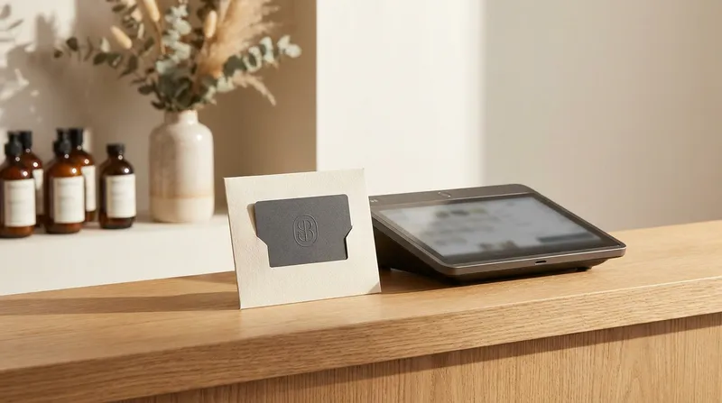 A premium gift card resting beside a sleek POS tablet terminal on a wooden reception counter in a modern New Zealand wellness spa.