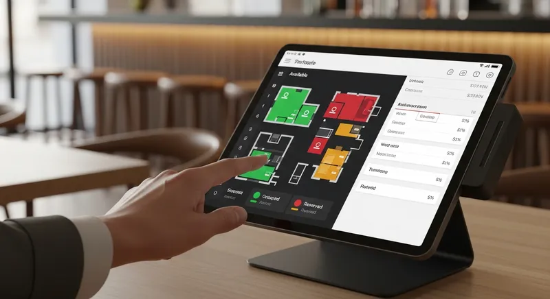 A restaurant manager using a tablet POS system with a digital floor plan in a modern NZ bistro.