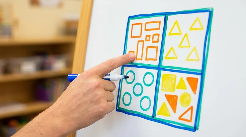 A teacher's hand pointing a marker at a colorful 2x2 grid diagram on a whiteboard, illustrating the algebraic box method of multiplication.