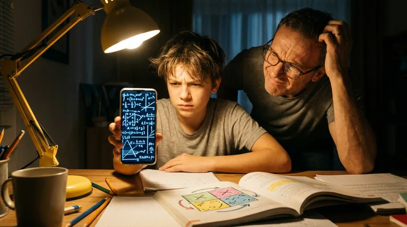 A frustrated teenage student and confused parent compare a linear algebra equation on a smartphone to a visual box method diagram in an open textbook under a desk lamp at night.